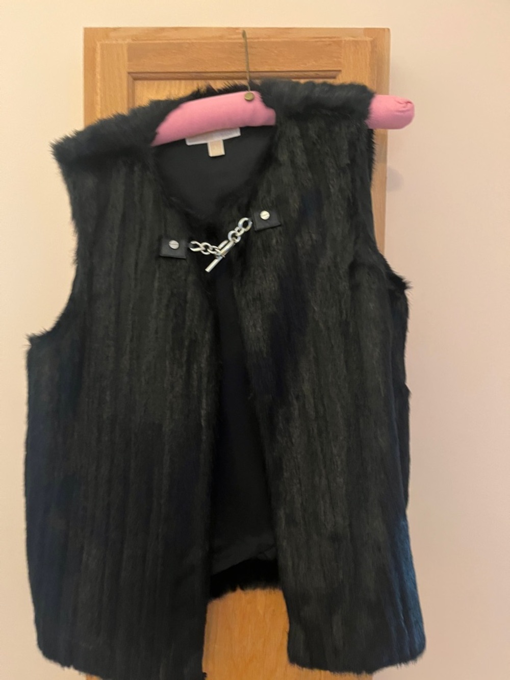 Michael Kors Black Faux Fur Vest with Silver Chain Closure